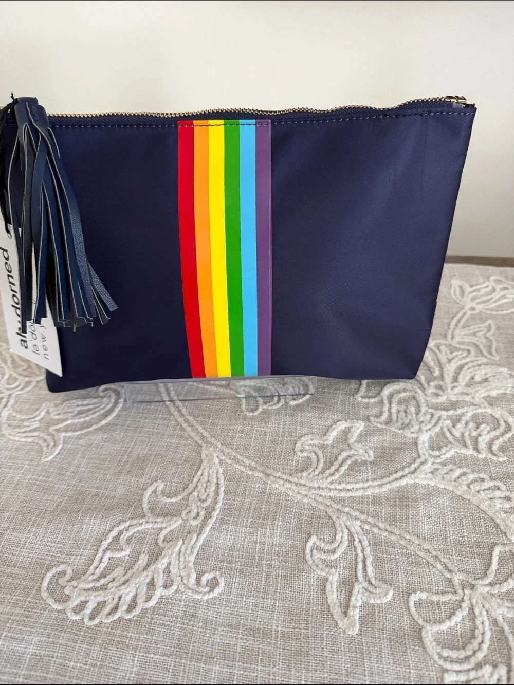 Ah!dorned Navy with Rainbow Stripe Clutch with Tassel Pull